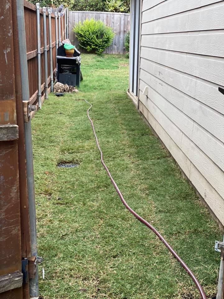 Finished grass-covered side yard after drainage installation