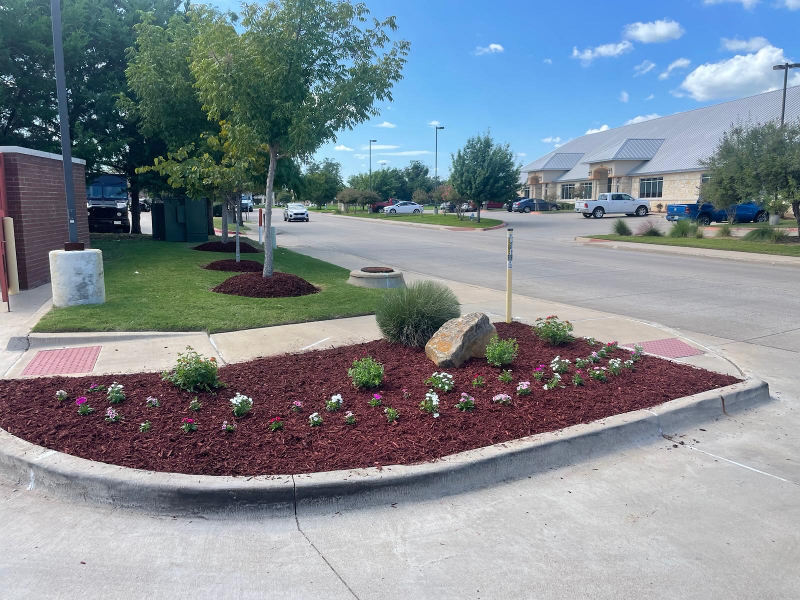 Freshly mulched flower bed with seasonal color at a commercial property entrance